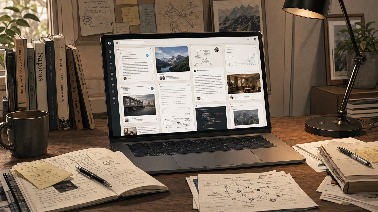 Hero-afbeelding van Pickmix Beta met een visuele AI-workspace op een laptop, mixed-media kenniskaarten en onderzoeksmateriaal.