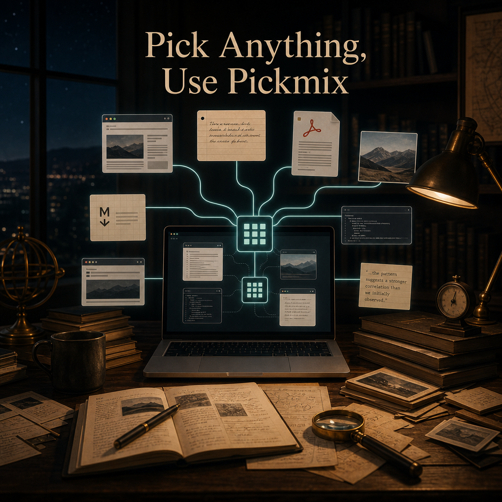 Pick Anything, Use Pickmix cover image showing a research desk and mixed-media knowledge capture flowing into one workspace.