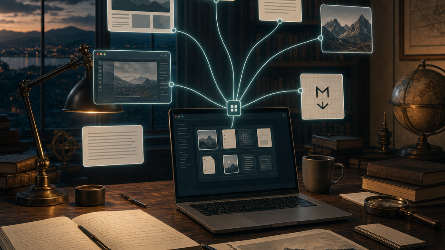 Pickmix blog illustration showing notes, links, PDFs, images, screenshots, and Markdown flowing into one organized knowledge workspace.