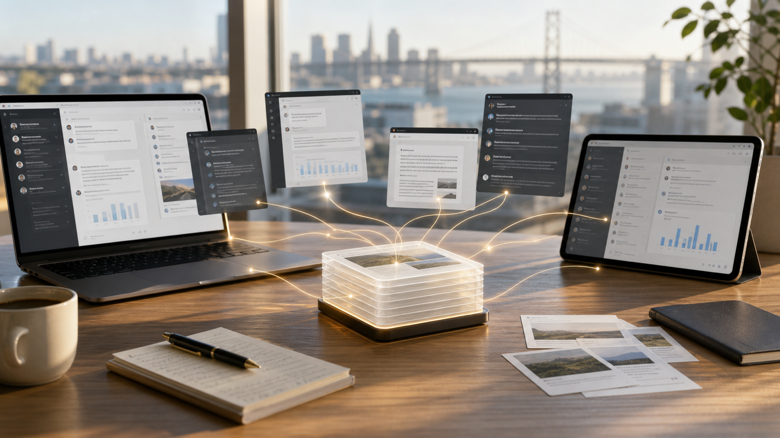 Many fragmented AI conversations and app windows converge into one reusable saved-source context layer, then branch back into focused AI work.