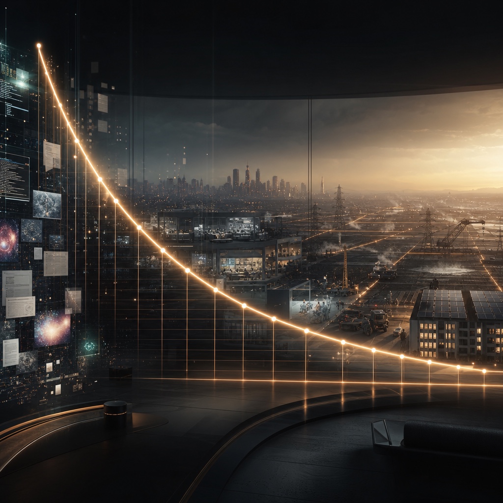 A luminous descending cost curve crosses from digital information through organizations into factories, energy grids, logistics, housing, and city infrastructure.