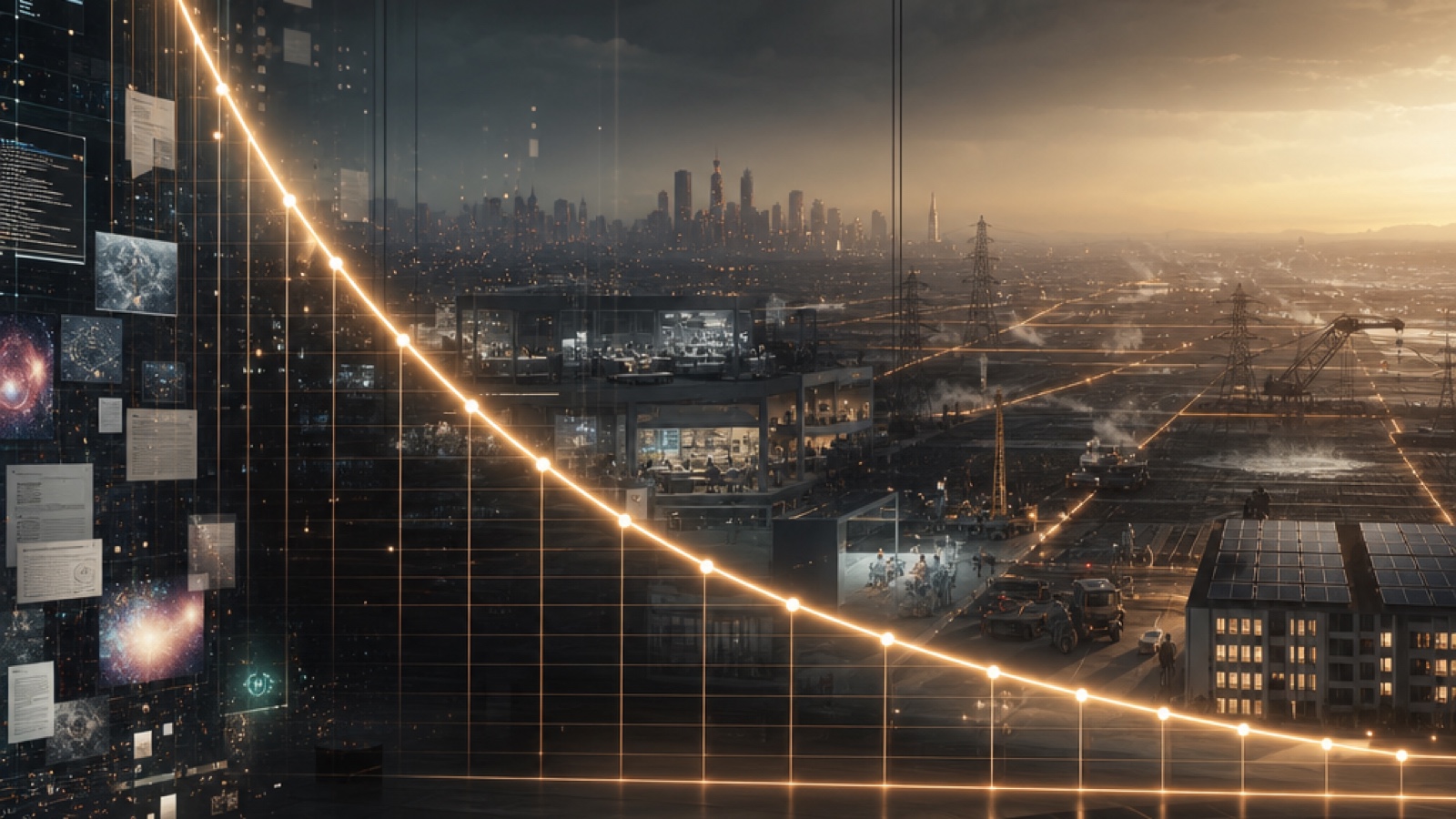 A luminous descending cost curve crosses from digital information through organizations into factories, energy grids, logistics, housing, and city infrastructure.