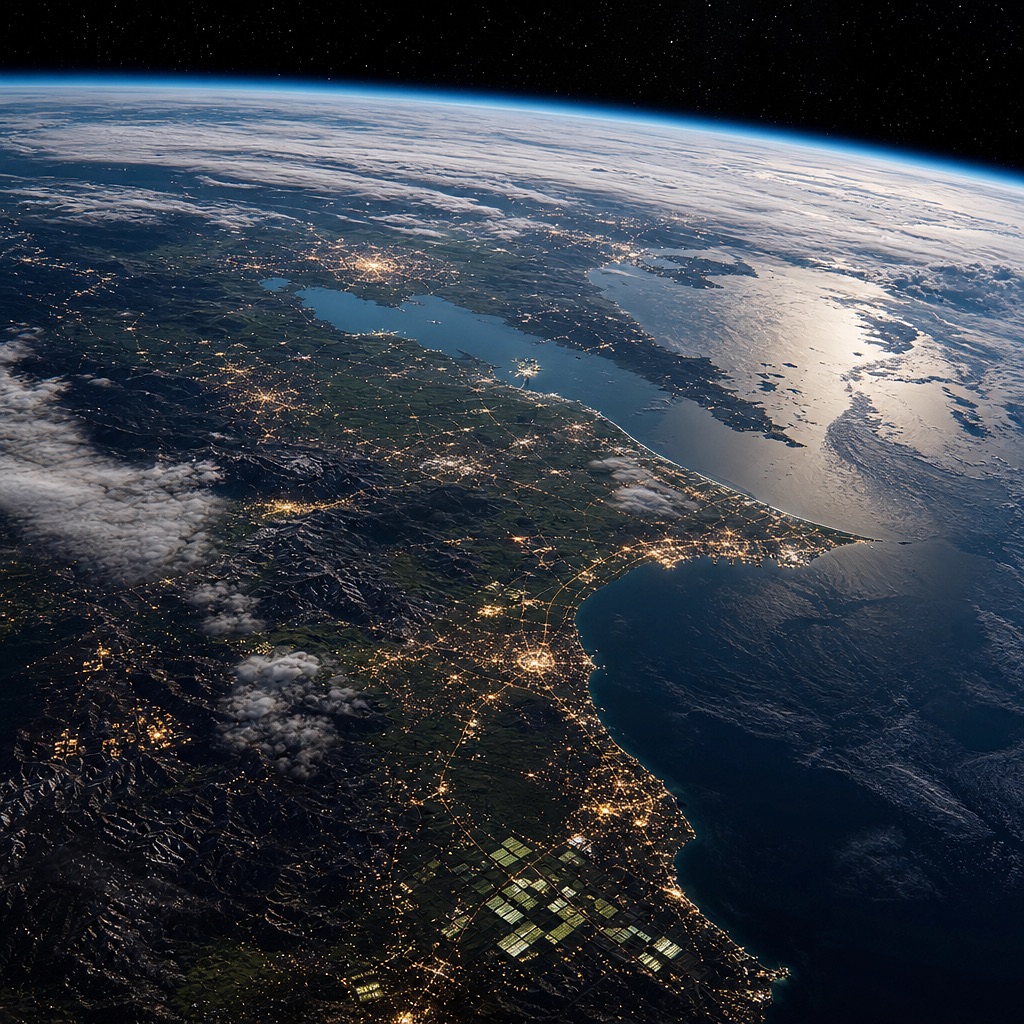 A photorealistic orbital view of Earth with luminous cities, coastlines, and subtle signs of future infrastructure.