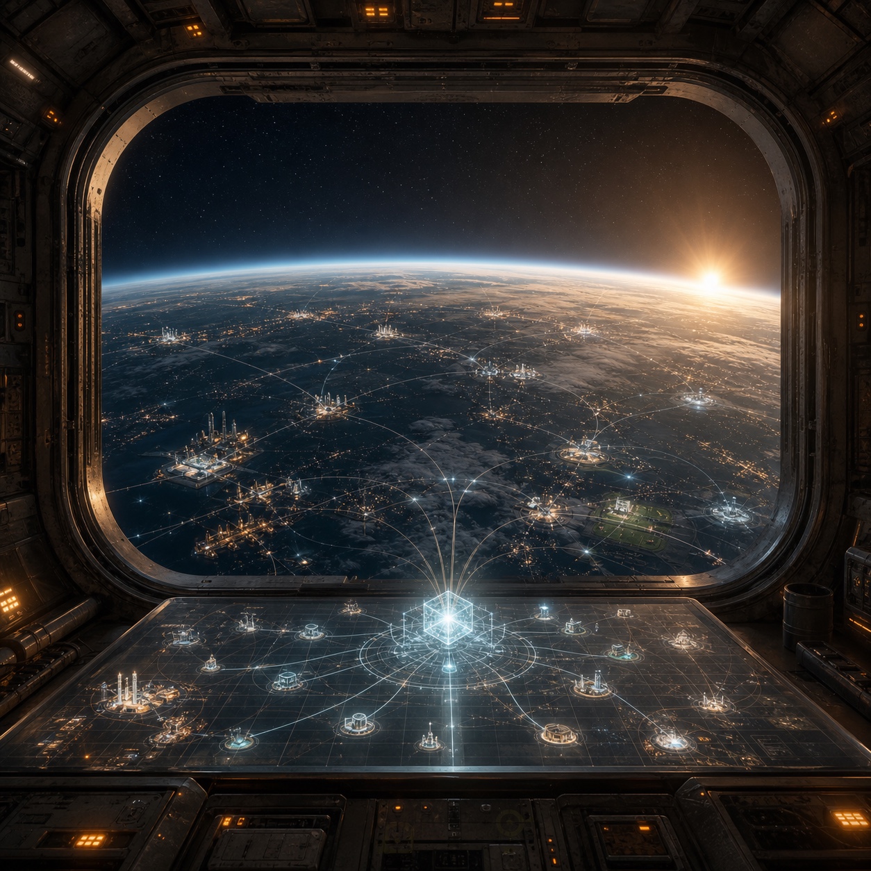 A realistic space-opera observation bay above Earth, with luminous intelligence pathways flowing into energy, industry, civic, and public-service systems.