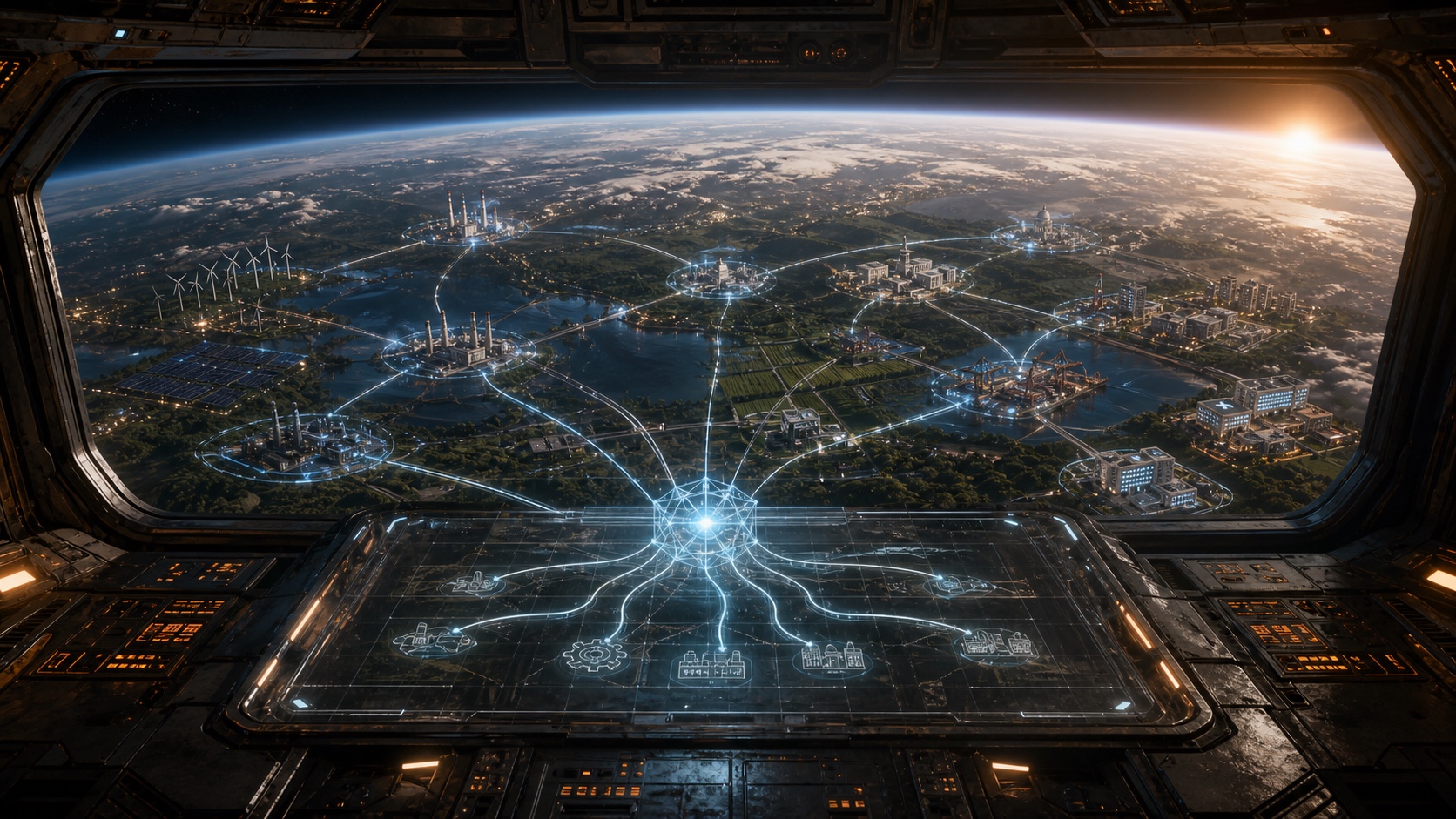 A realistic space-opera observation room above Earth, with luminous intelligence pathways connecting to civic, industrial, energy, and public-service systems.