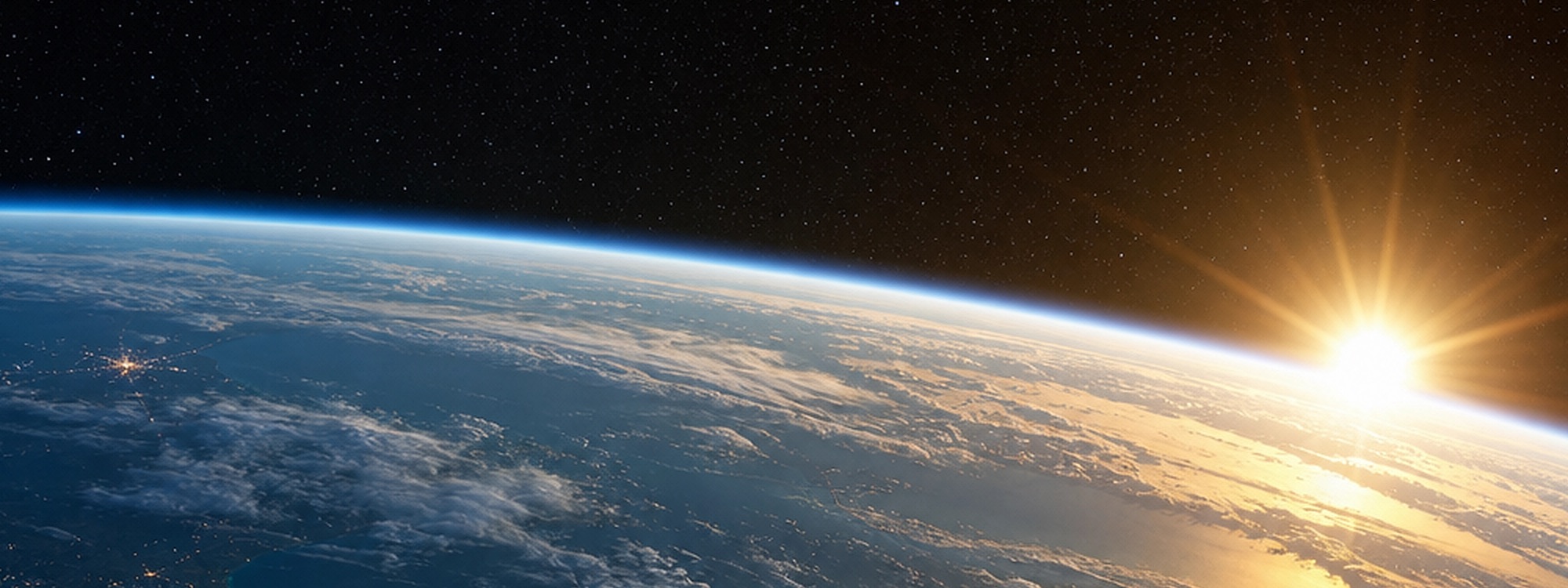 A photorealistic near-orbital sunrise view of Earth, seen from a spacecraft with quiet traces of advanced infrastructure across the surface.