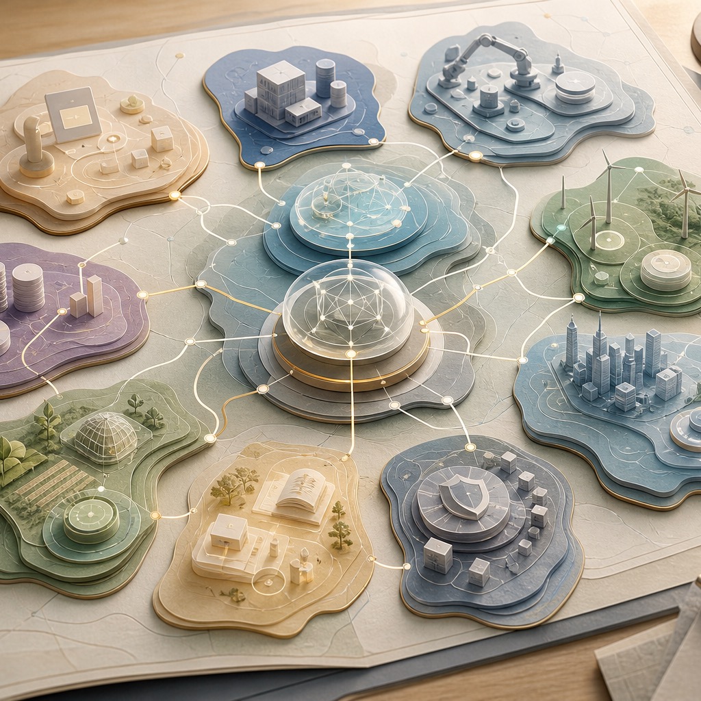 A luminous layered AI product atlas with connected zones for agents, robots, manufacturing cloud, energy, research, education, agriculture, cities, and trust infrastructure.