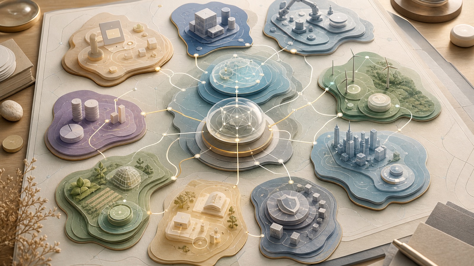 A luminous layered AI product atlas with connected zones for agents, robots, manufacturing cloud, energy, research, education, agriculture, cities, and trust infrastructure.