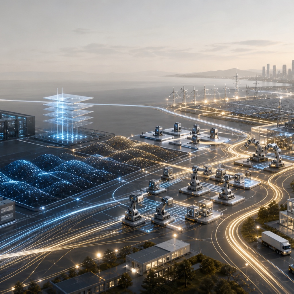 A cinematic AI production system where data centers, model layers, agent workflows, robots, energy grids, labs, logistics, and a city converge into real-world output.