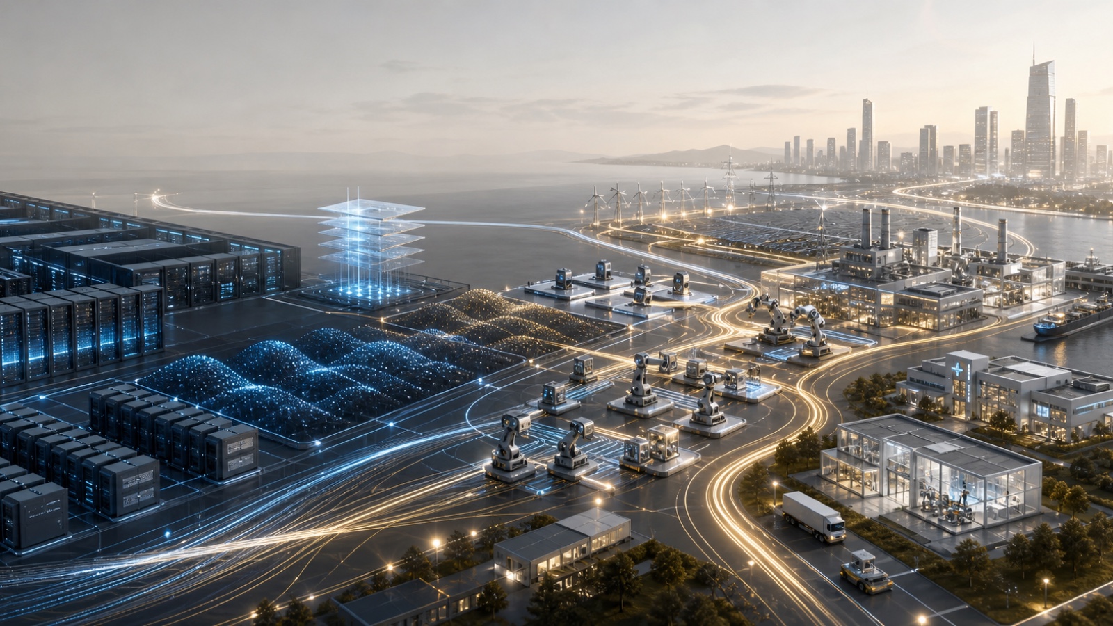 A cinematic AI production system where data centers, model layers, agent workflows, robots, energy grids, labs, logistics, and a city converge into real-world output.