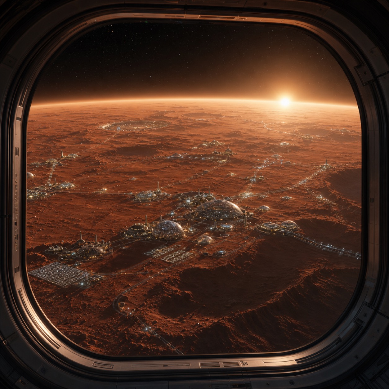 A photorealistic view through a future spacecraft window, showing Mars at sunrise with established human habitats, transport links, and energy systems across the red terrain.