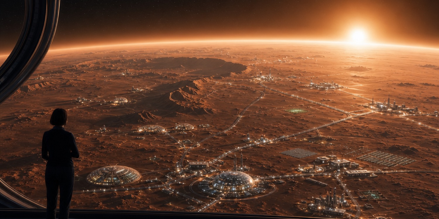 A photorealistic future observation deck looking across Mars at sunrise, with visible human settlements, transport corridors, and energy infrastructure across the planet.