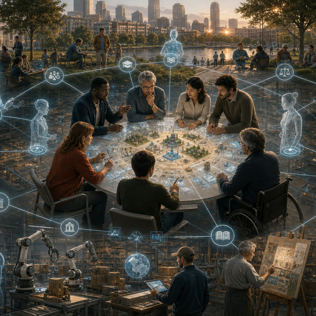 A realistic future city campus where humans make decisions inside a glass studio while AI signal paths connect education, healthcare, robotics, creative work, and civic infrastructure.