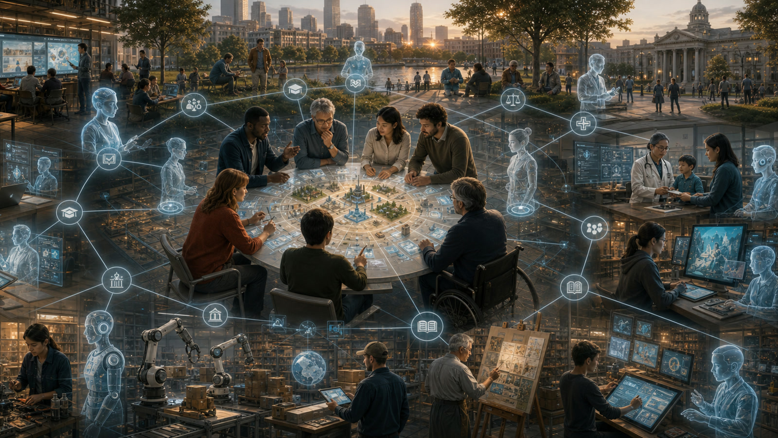 A realistic future city campus where humans make decisions inside a glass studio while AI signal paths connect education, healthcare, robotics, creative work, and civic infrastructure.