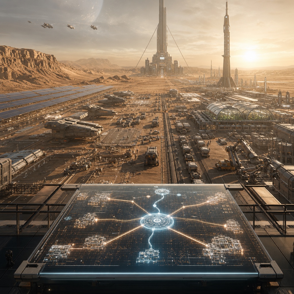 A monumental desert-planet industrial city where AI planning paths flow into robotics, energy, logistics, agriculture, housing, and public infrastructure.