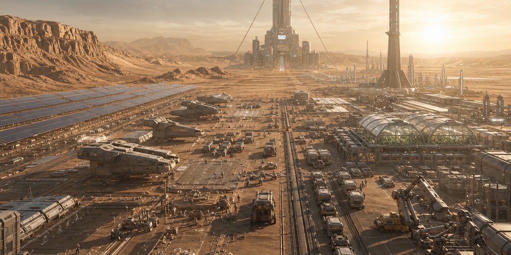 A desert-planet industrial city where AI planning flows into robotics, energy systems, logistics, greenhouse agriculture, and modular housing.