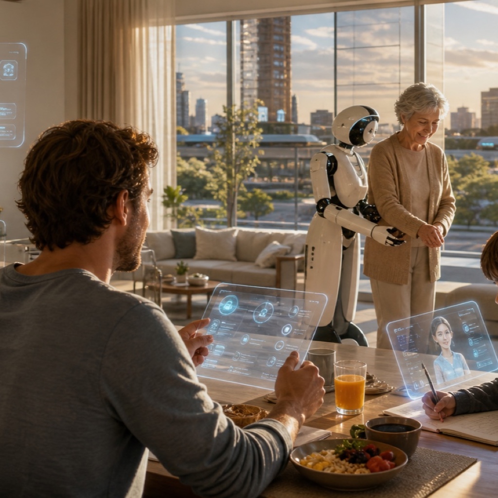 A warm 2030 morning at home where a personal AI agent, a small kitchen robot, family routines, learning, health, and a responsive city quietly work around daily life.