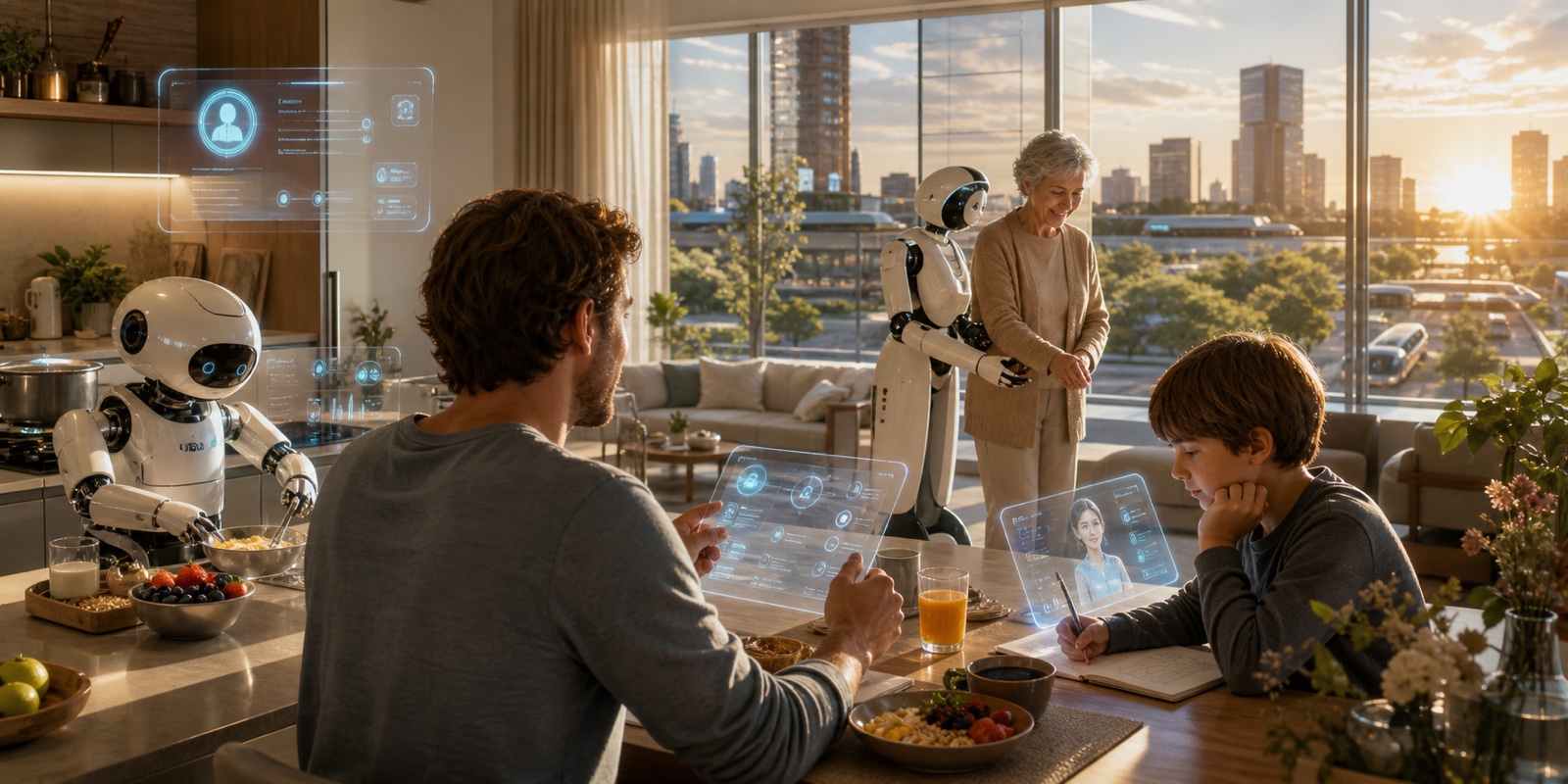 A warm 2030 morning at home where a personal AI agent, a small kitchen robot, family routines, learning, health, and a responsive city quietly work around daily life.
