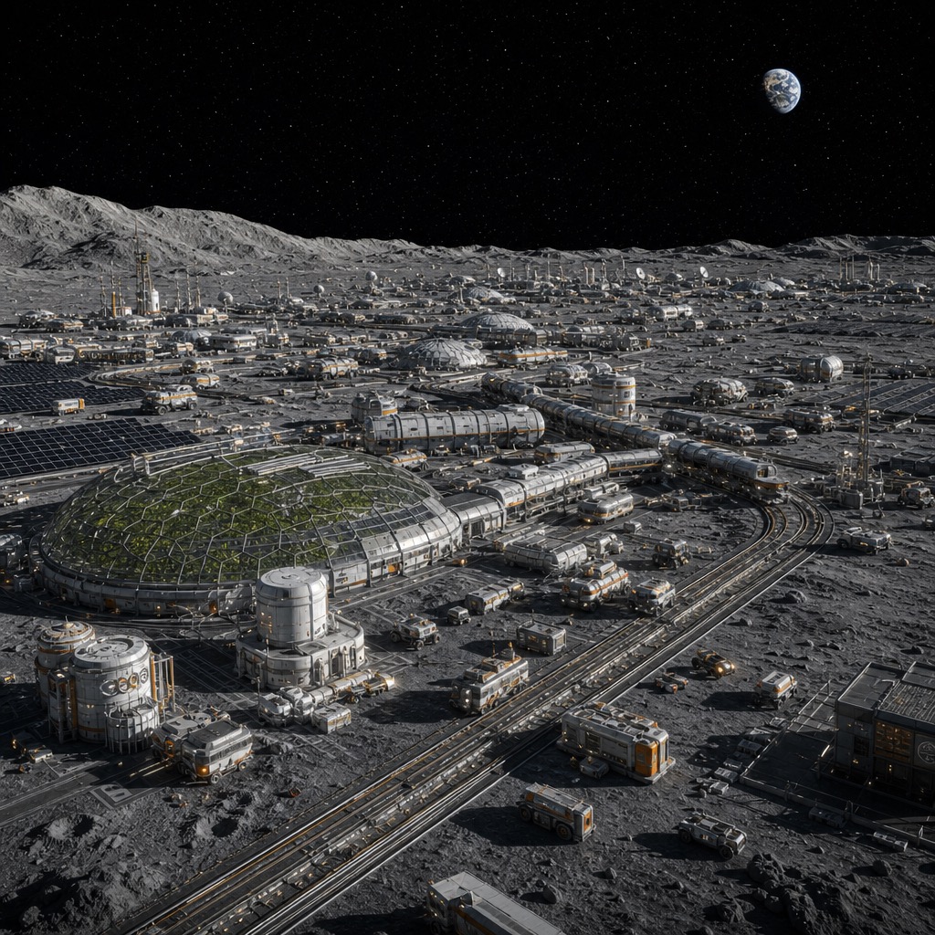 A photorealistic Earth-Moon civic horizon with lunar habitats, logistics links, energy systems, and greenhouse domes suggesting many dimensions of accessible abundance.