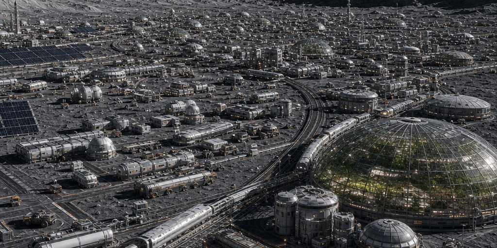 A mature lunar city with greenhouse districts, rail transit, low-rise habitats, cargo logistics, and power systems showing abundance through everyday infrastructure rather than spectacle.