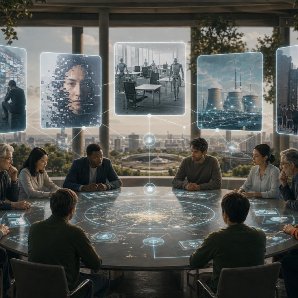 A realistic near-future civic room where people study seven AI abundance risk panels around a shared governance table.