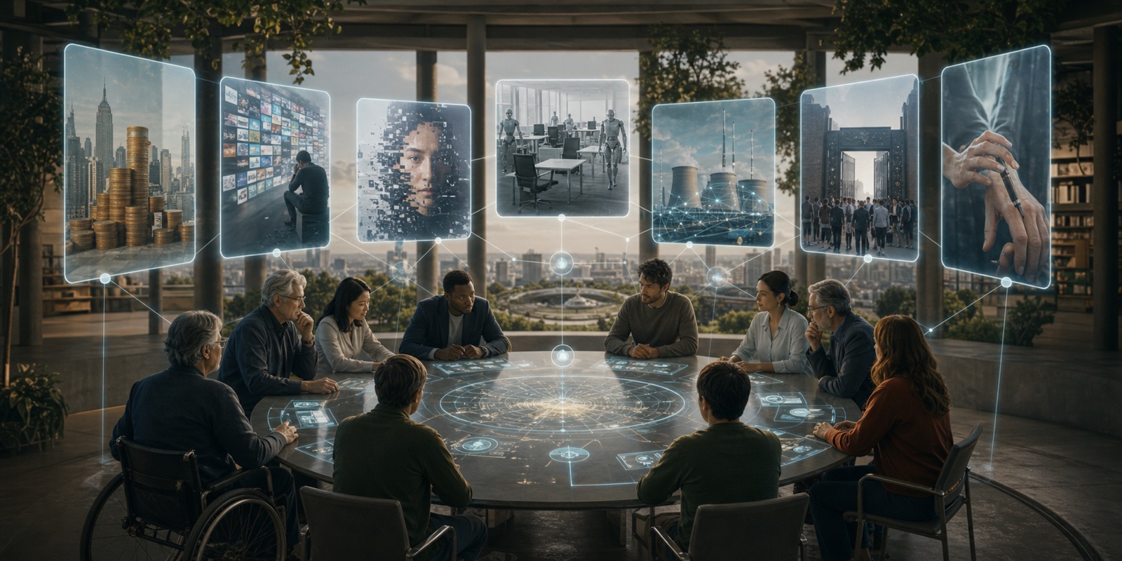 A realistic near-future civic room where people study seven AI abundance risk panels around a shared governance table.